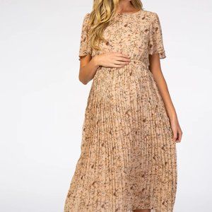 Pinkblush Beige Floral Pleated Short Sleeve Chiffon Maternity Midi Dress